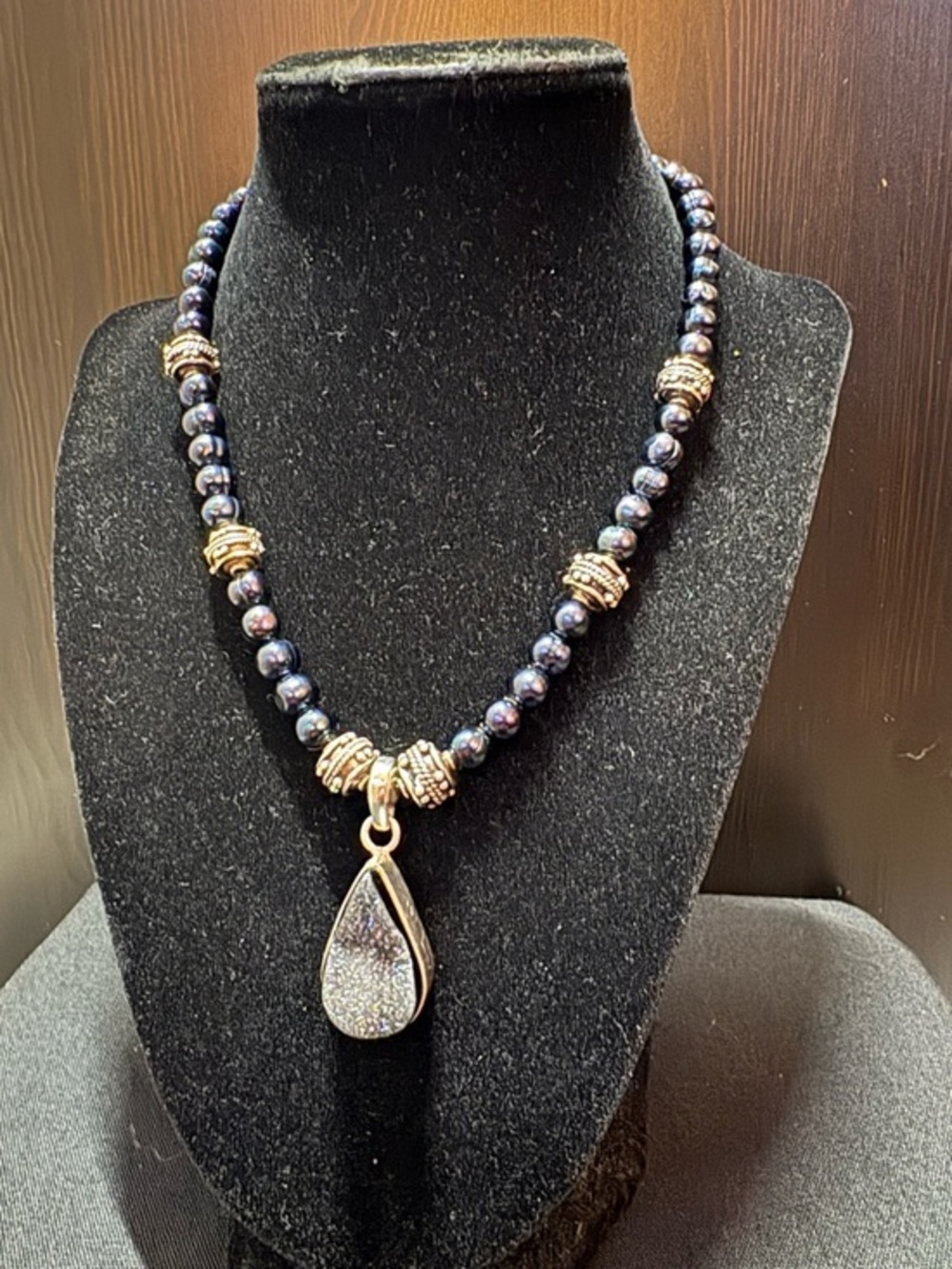 Black Druzy Teardrop Pendant With Black Freshwater Pearls